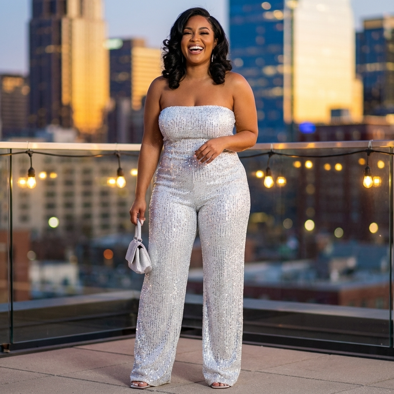 Combinaison Bustier Pailletée pour Femme Elara | 95% Polyester 5% Spandex, Pantalon Large Élégant