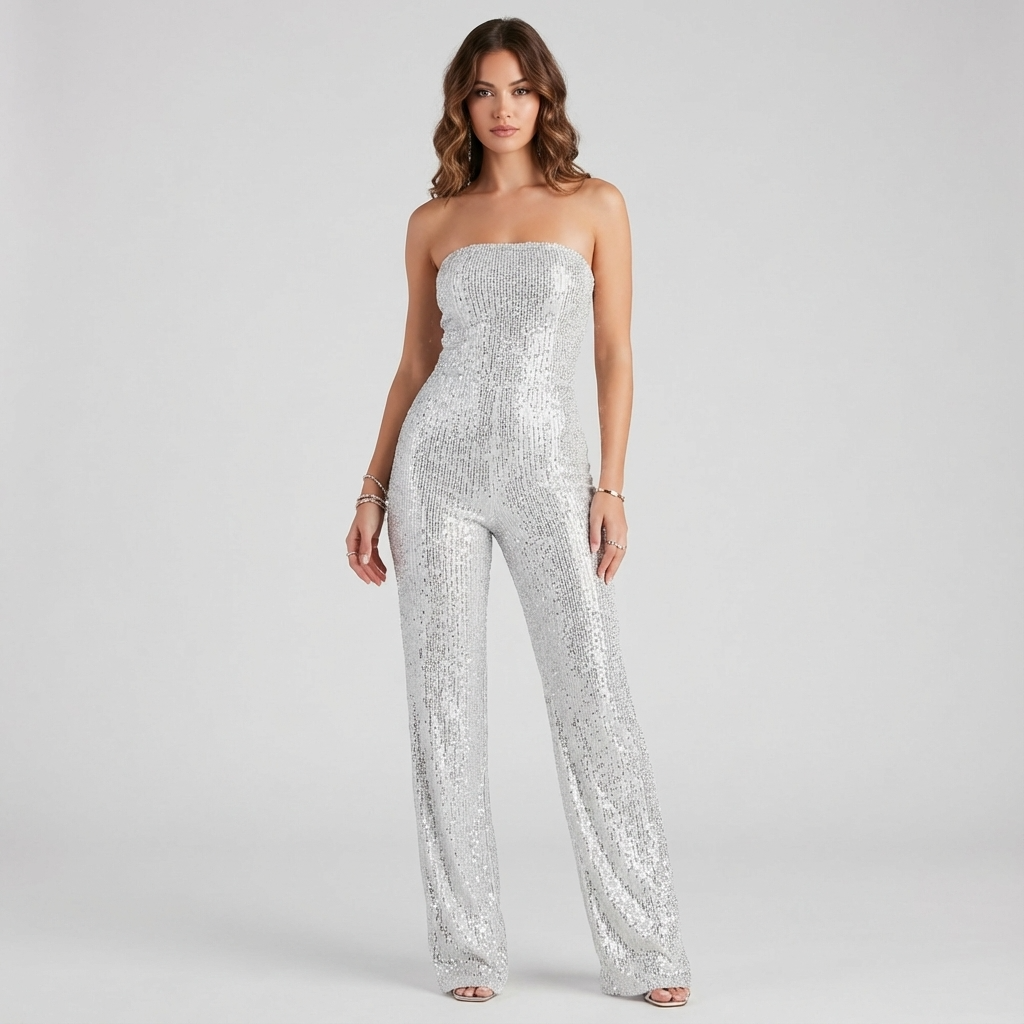 Combinaison Bustier Pailletée pour Femme Elara | 95% Polyester 5% Spandex, Pantalon Large Élégant