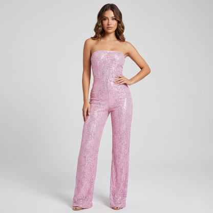 Combinaison Bustier Pailletée pour Femme Elara | 95% Polyester 5% Spandex, Pantalon Large Élégant