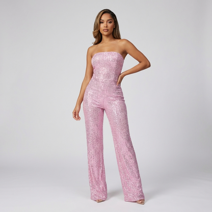 Combinaison Bustier Pailletée pour Femme Elara | 95% Polyester 5% Spandex, Pantalon Large Élégant