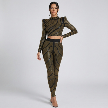 Dune Aurelia Women's Two-Piece Pantsuit | Gold Rhinestone Swirl Pattern, Structured Sho