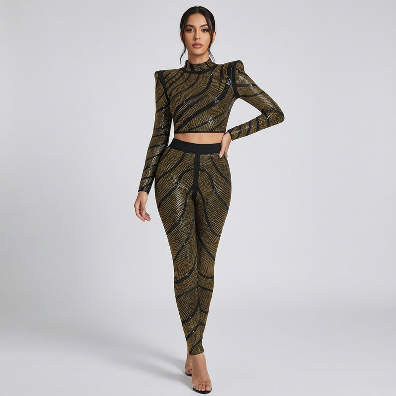 Dune Aurelia Women's Two-Piece Pantsuit | Gold Rhinestone Swirl Pattern, Structured Sho