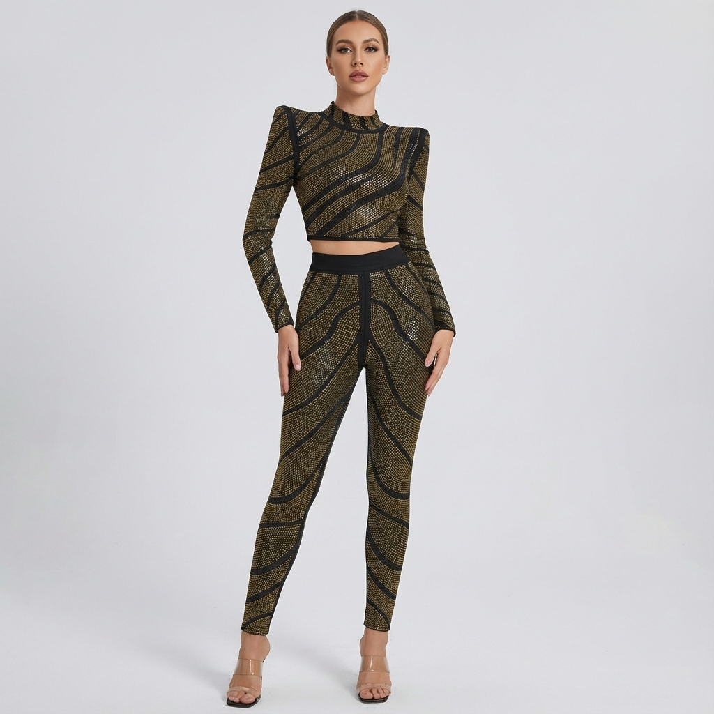 Dune Aurelia Women's Two-Piece Pantsuit | Gold Rhinestone Swirl Pattern, Structured Sho