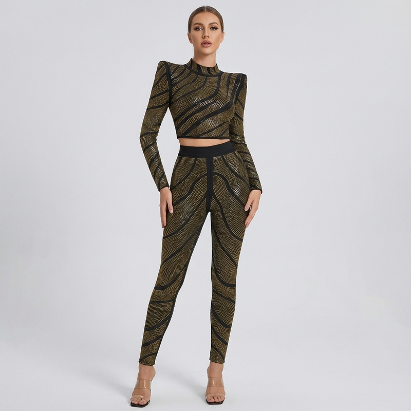 Dune Aurelia Women's Two-Piece Pantsuit | Gold Rhinestone Swirl Pattern, Structured Sho