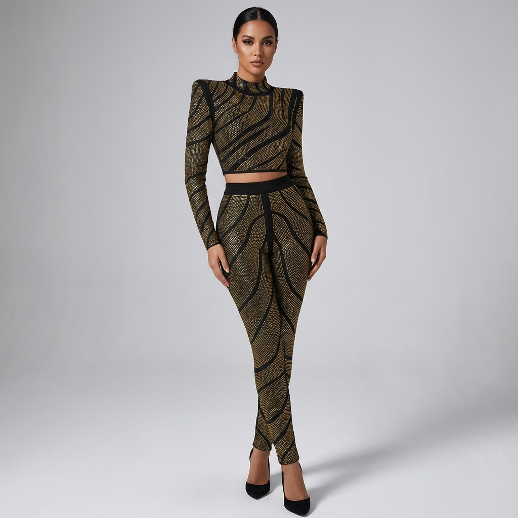 Dune Aurelia Women's Two-Piece Pantsuit | Gold Rhinestone Swirl Pattern, Structured Sho