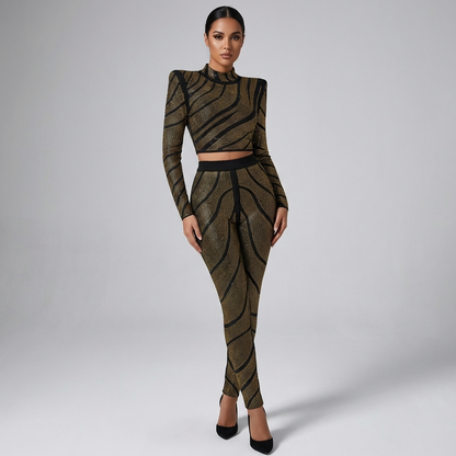 Dune Aurelia Women's Two-Piece Pantsuit | Gold Rhinestone Swirl Pattern, Structured Sho