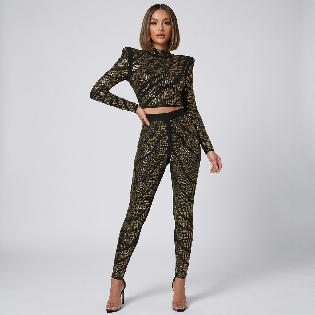 Dune Aurelia Women's Two-Piece Pantsuit | Gold Rhinestone Swirl Pattern, Structured Sho