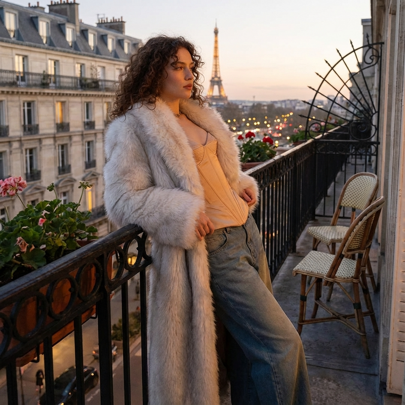 Manteau long pour femmes Rora | Finition fausse fourrure, col châle