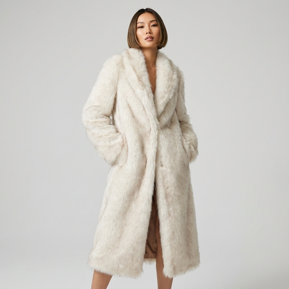 Manteau long pour femmes Rora | Finition fausse fourrure, col châle