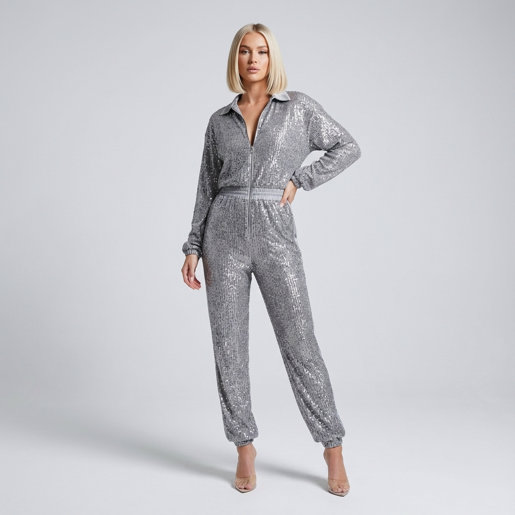 Wren Nyx Women’s Sequin Jumpsuit | Long Sleeve, Zip-Front Design