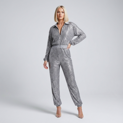 Wren Nyx Women’s Sequin Jumpsuit | Long Sleeve, Zip-Front Design