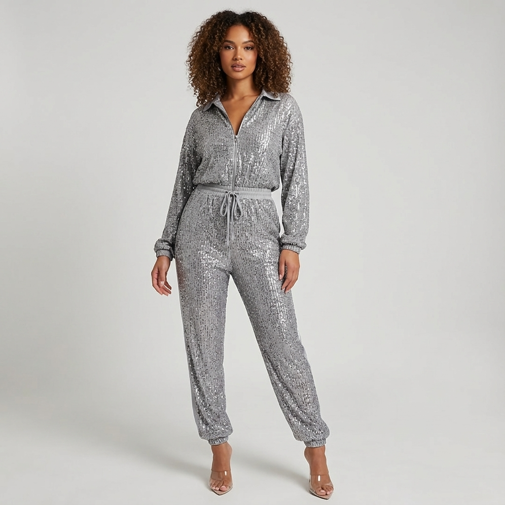 Wren Nyx Women’s Sequin Jumpsuit | Long Sleeve, Zip-Front Design