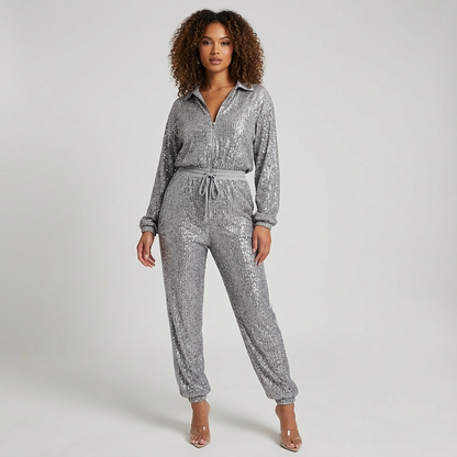 Wren Nyx Women’s Sequin Jumpsuit | Long Sleeve, Zip-Front Design