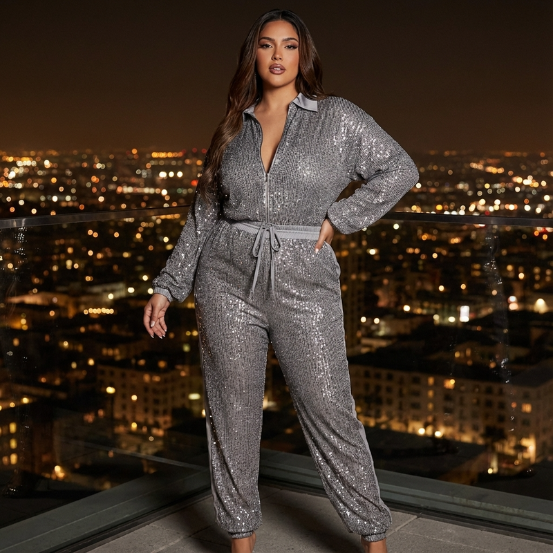 Wren Nyx Women’s Sequin Jumpsuit | Long Sleeve, Zip-Front Design