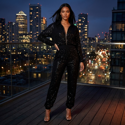 Wren Nyx Women’s Sequin Jumpsuit | Long Sleeve, Zip-Front Design