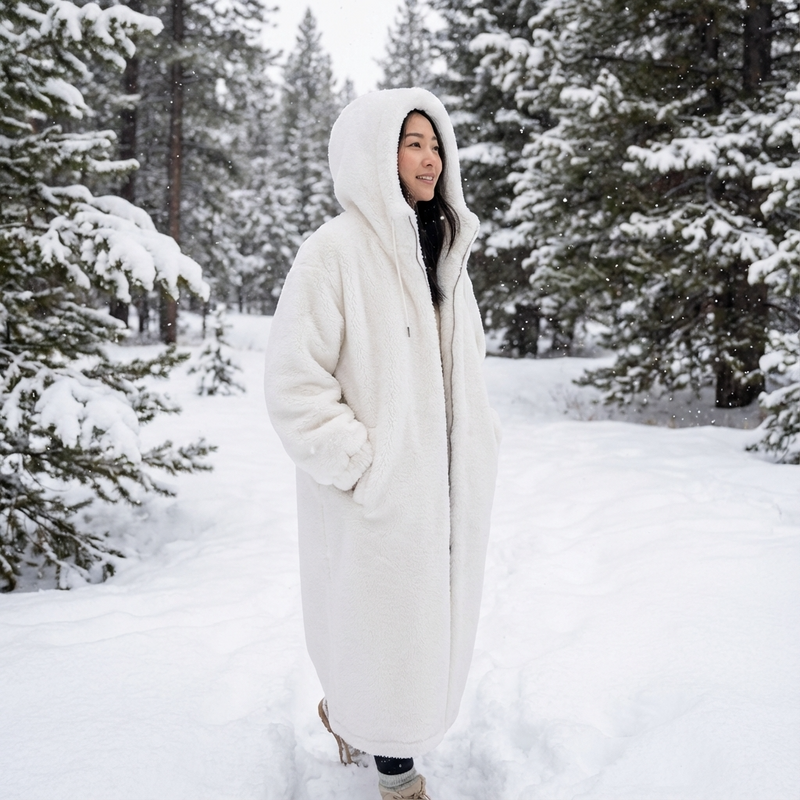 Abrigo largo con capucha de Eirene para mujer | Cierre con cremallera, Textura de piel sintética