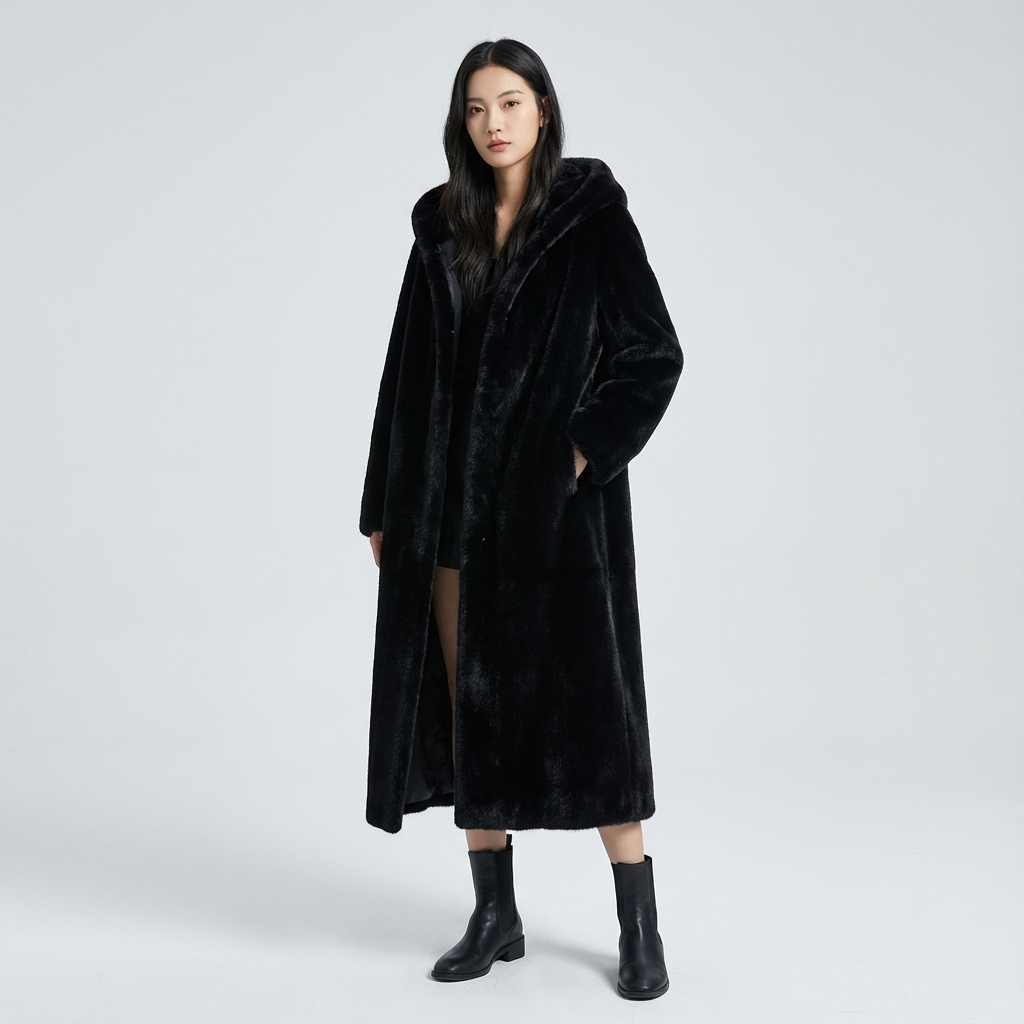 Abrigo largo con capucha de Eirene para mujer | Cierre con cremallera, Textura de piel sintética