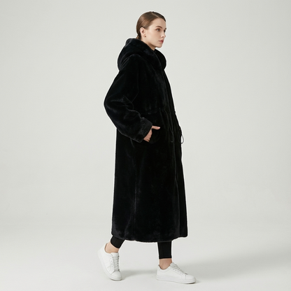 Abrigo largo con capucha de Eirene para mujer | Cierre con cremallera, Textura de piel sintética