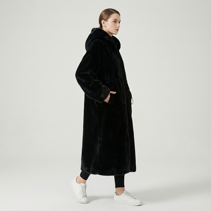Abrigo largo con capucha de Eirene para mujer | Cierre con cremallera, Textura de piel sintética