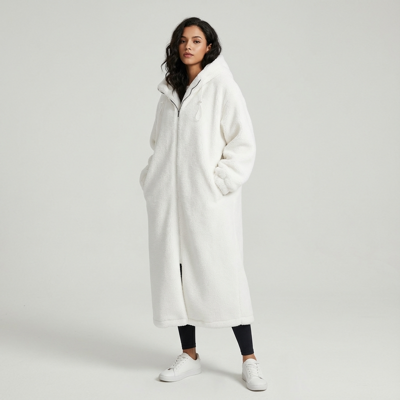 Abrigo largo con capucha de Eirene para mujer | Cierre con cremallera, Textura de piel sintética