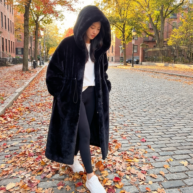 Abrigo largo con capucha de Eirene para mujer | Cierre con cremallera, Textura de piel sintética