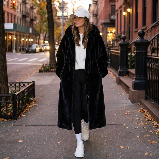 Manteau long à capuche pour femme Eirene | Fermeture éclair, texture fausse fourrure