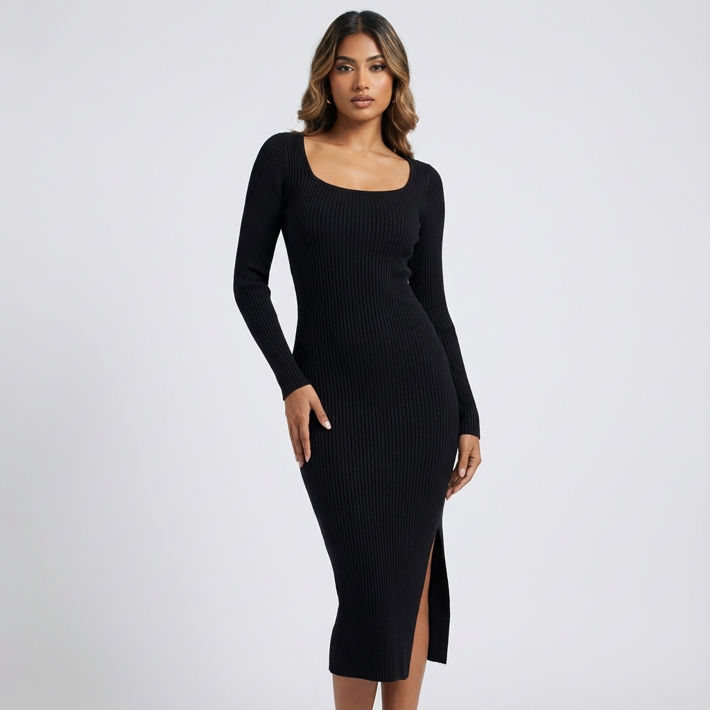 Robe midi côtelée pour femmes Elara | Manches longues, fente latérale