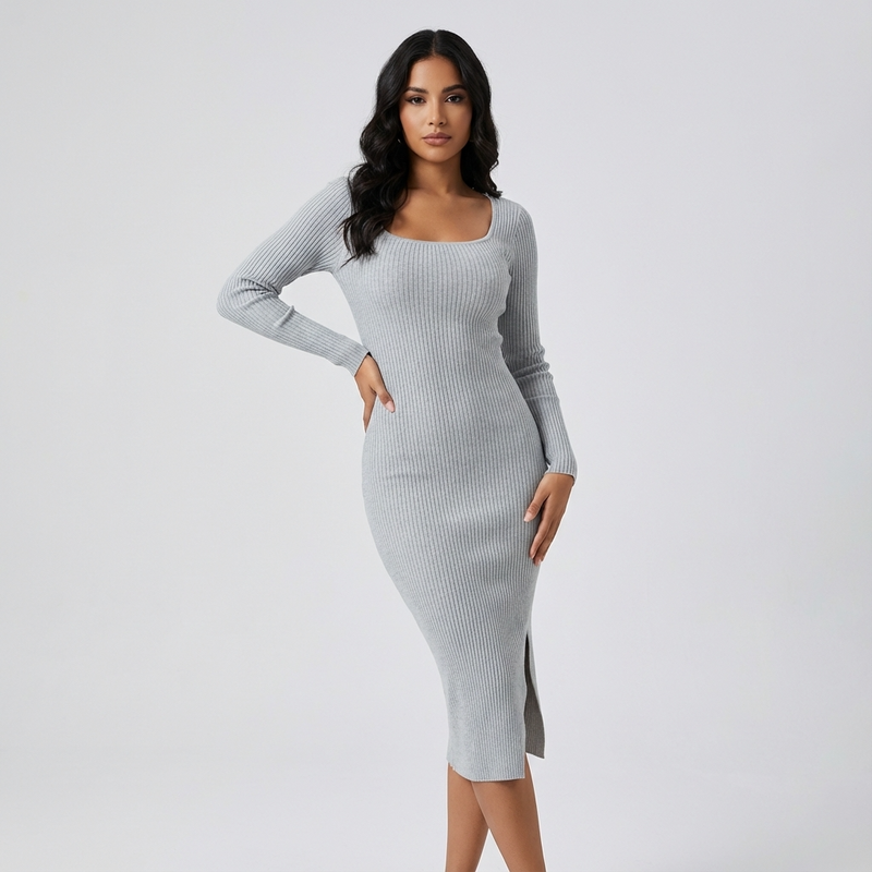 Robe midi côtelée pour femmes Elara | Manches longues, fente latérale