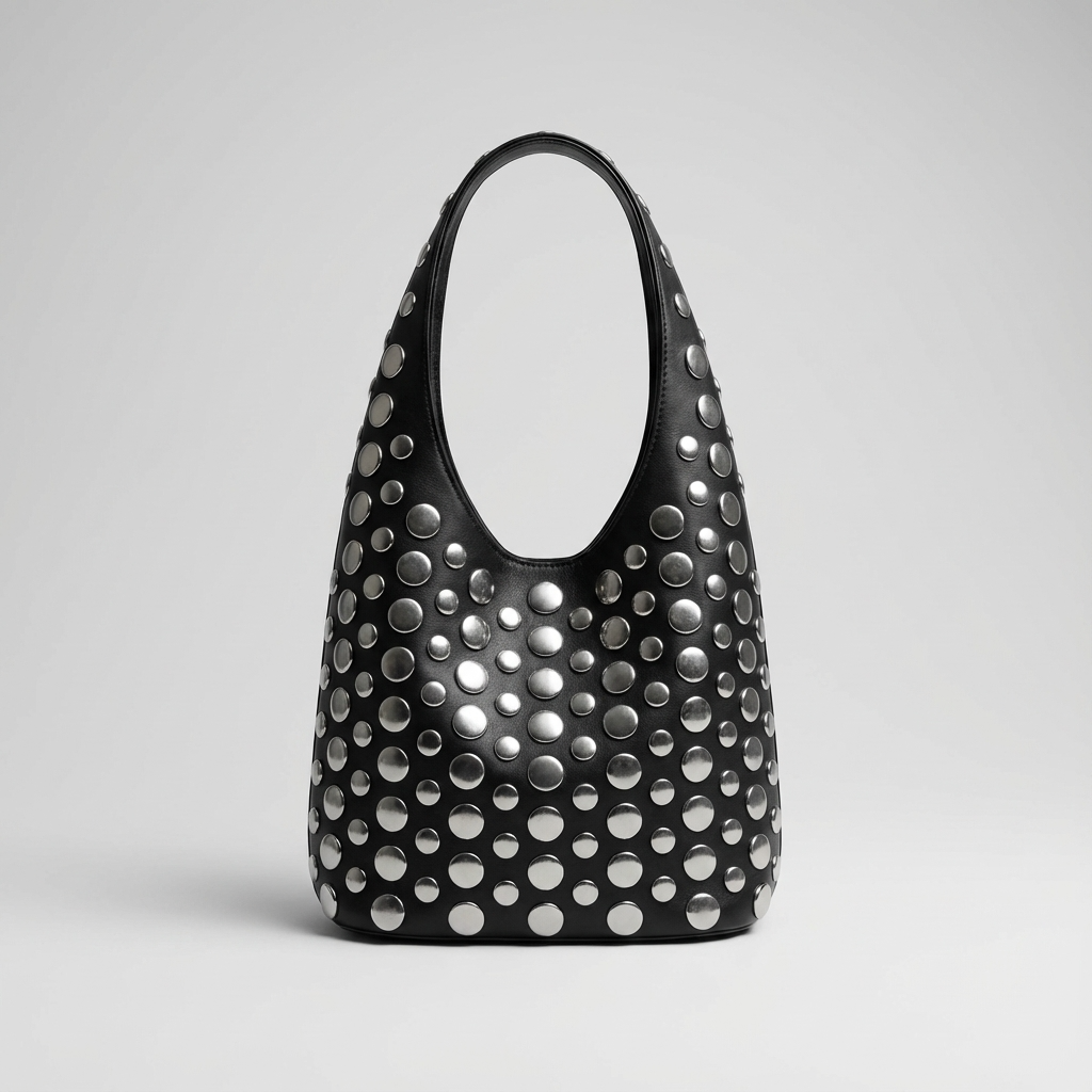 Fable Arden Women’s Studded Bucket Bag | Bold Metallic Detail, City Edge