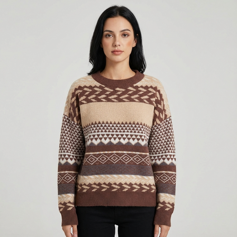 Pull Tricot Femme Zavira | Motif Nordique, Col Rond