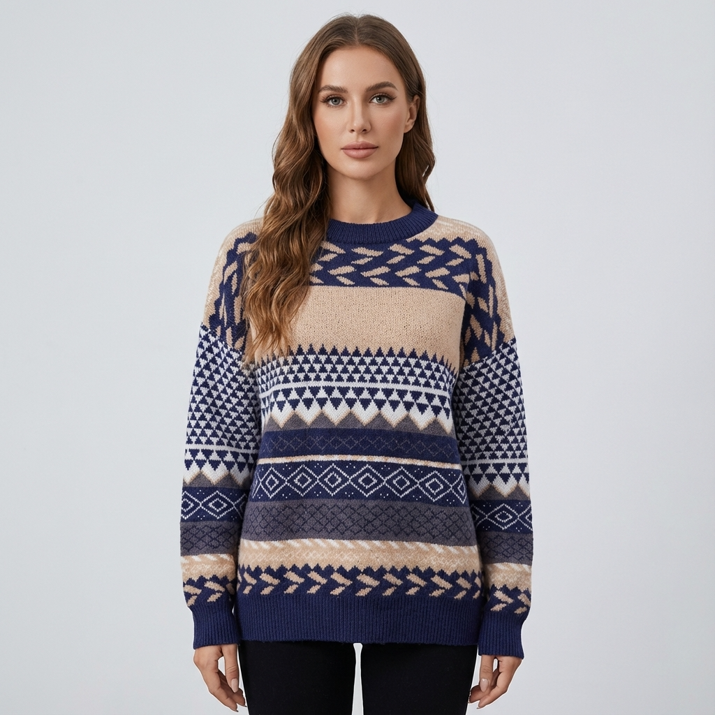 Pull Tricot Femme Zavira | Motif Nordique, Col Rond