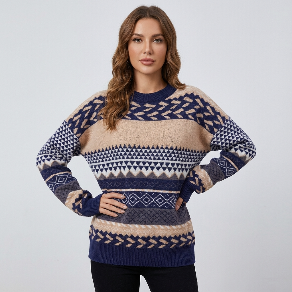 Pull Tricot Femme Zavira | Motif Nordique, Col Rond