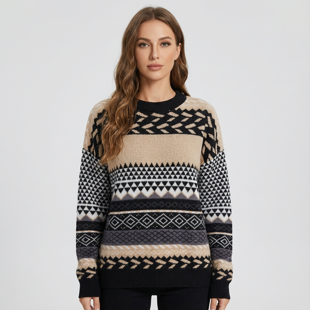Pull Tricot Femme Zavira | Motif Nordique, Col Rond