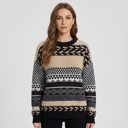 Pull Tricot Femme Zavira | Motif Nordique, Col Rond