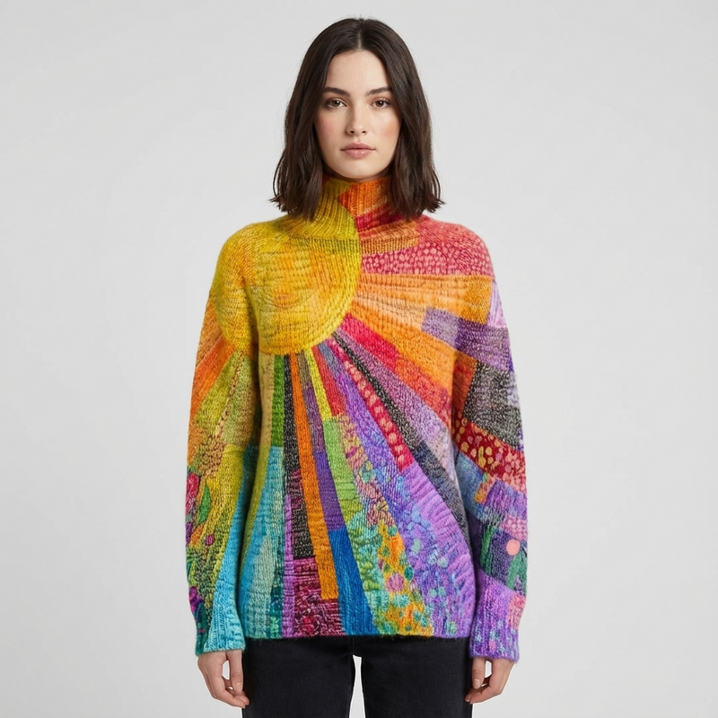 Suéter de cuello alto para mujer Zerelle | Estampado de Parches Multicolor, Corte Relajado