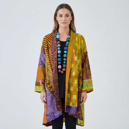 Cardigan Ouvert Femme Aurex | Imprimé Patchwork, Silhouette Décontractée