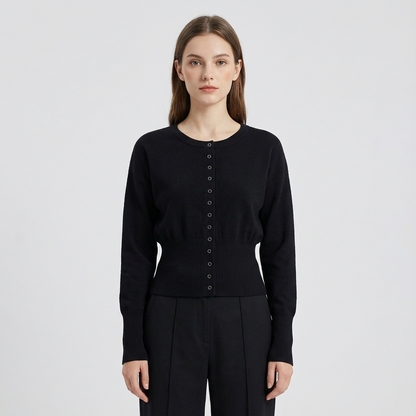 Cardigan à col rond Selene | Taille côtelée, silhouette ajustée