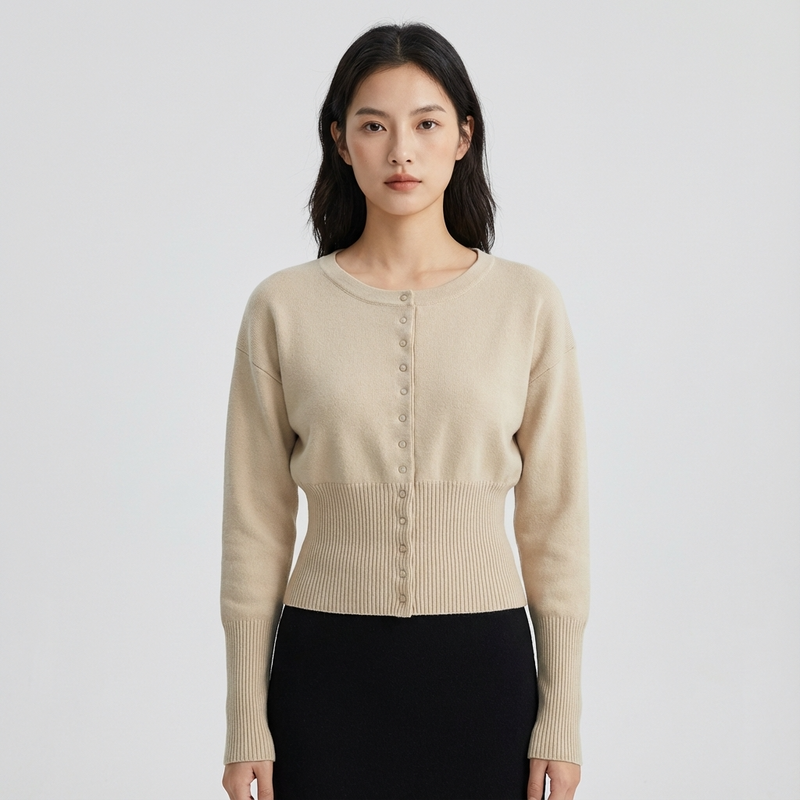 Cardigan à col rond Selene | Taille côtelée, silhouette ajustée