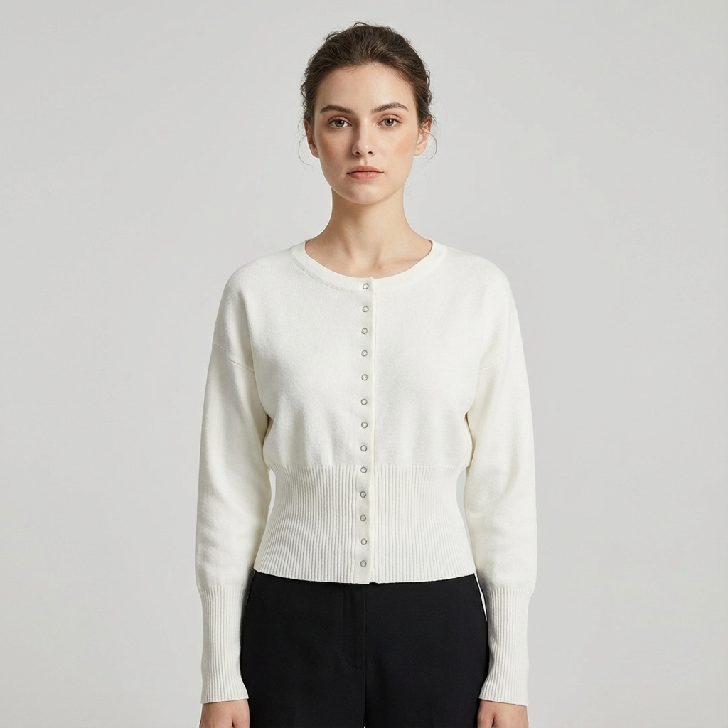 Cardigan à col rond Selene | Taille côtelée, silhouette ajustée