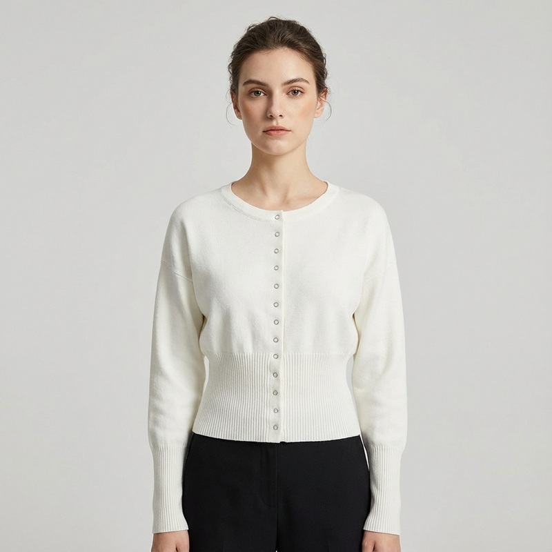 Cardigan à col rond Selene | Taille côtelée, silhouette ajustée