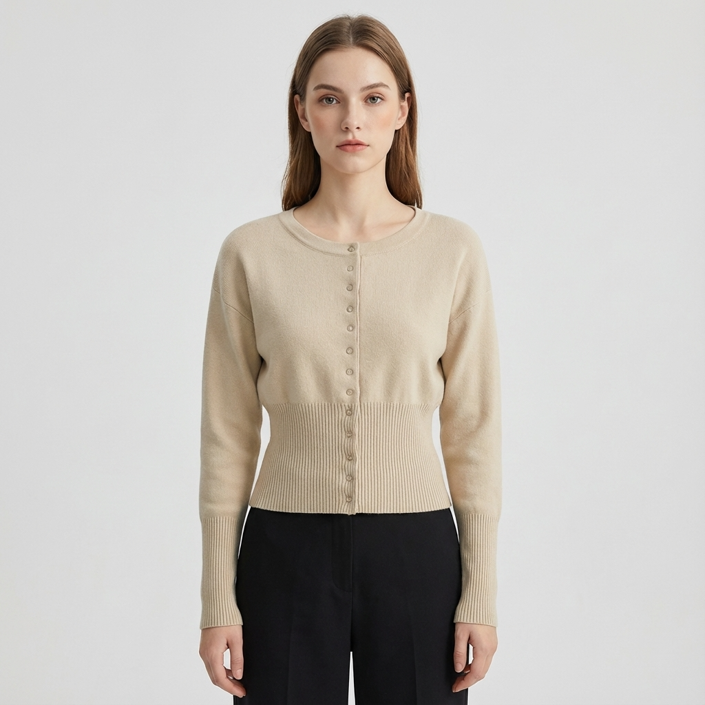 Cardigan à col rond Selene | Taille côtelée, silhouette ajustée