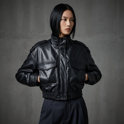 Heath Amara Women’s Faux Leather Jacket | Stand Collar, Utility Pockets