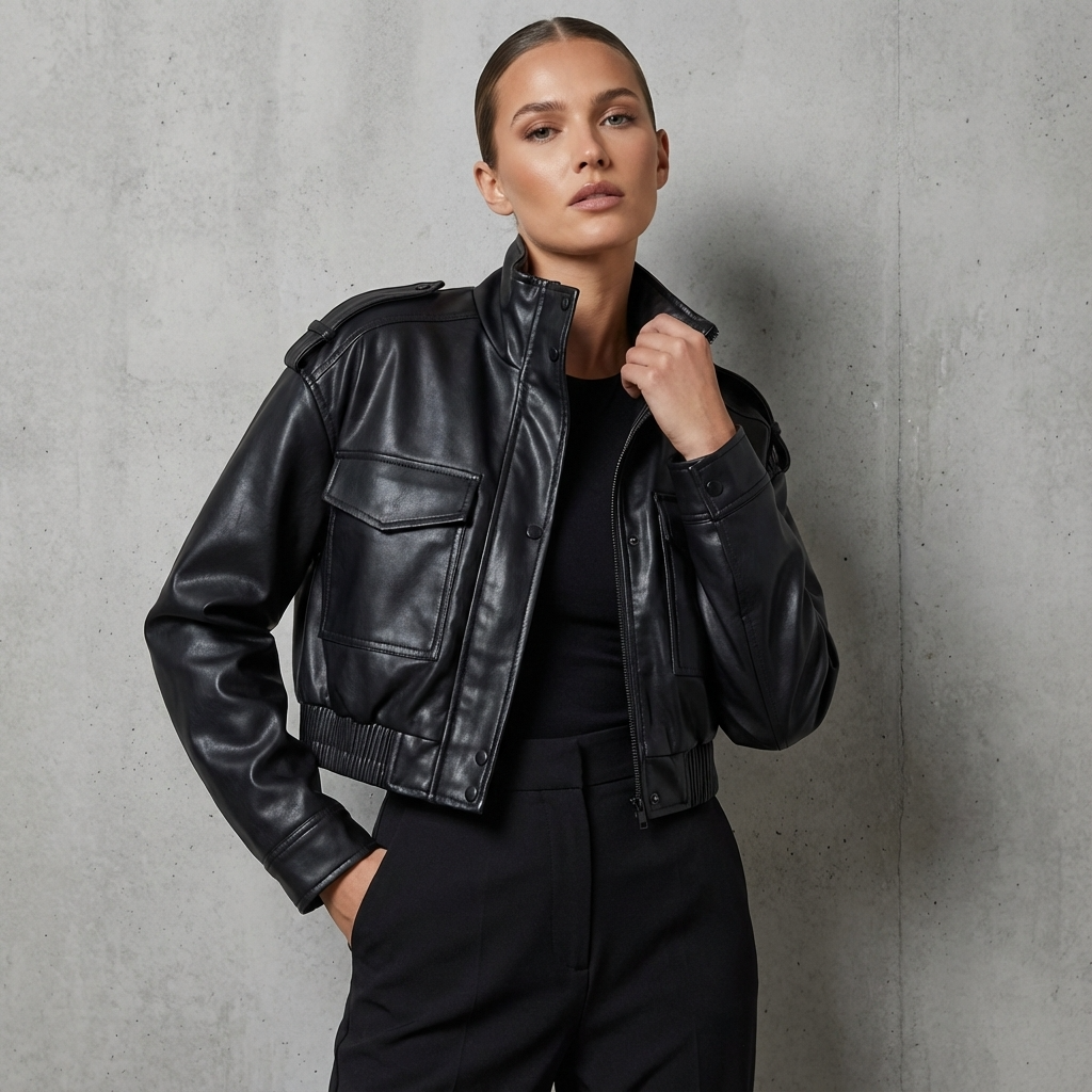Heath Amara Women’s Faux Leather Jacket | Stand Collar, Utility Pockets