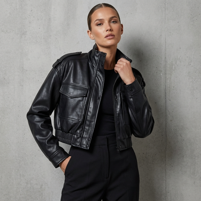 Heath Amara Women’s Faux Leather Jacket | Stand Collar, Utility Pockets