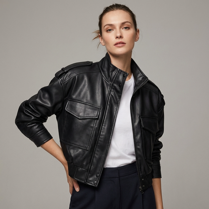 Heath Amara Women’s Faux Leather Jacket | Stand Collar, Utility Pockets