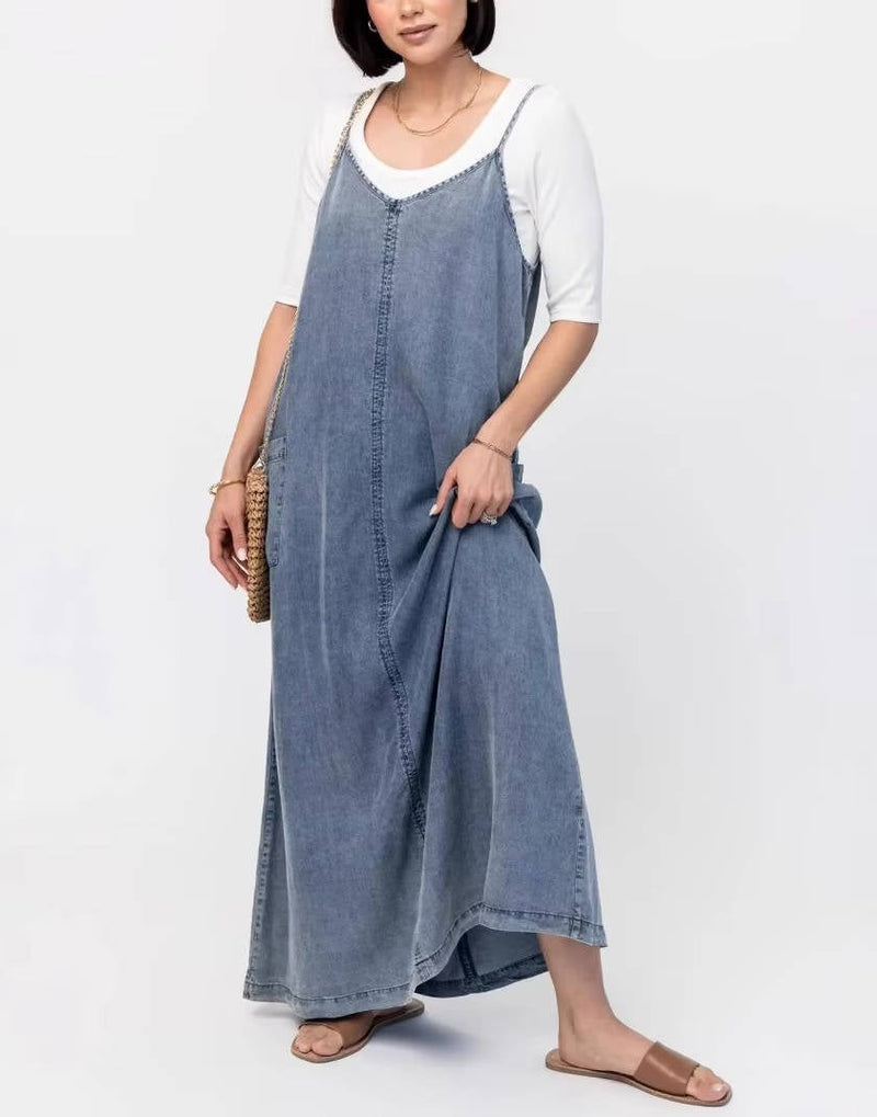 Genevieve Women's Maxi Dress | Loose Fit, Denim, V-neck