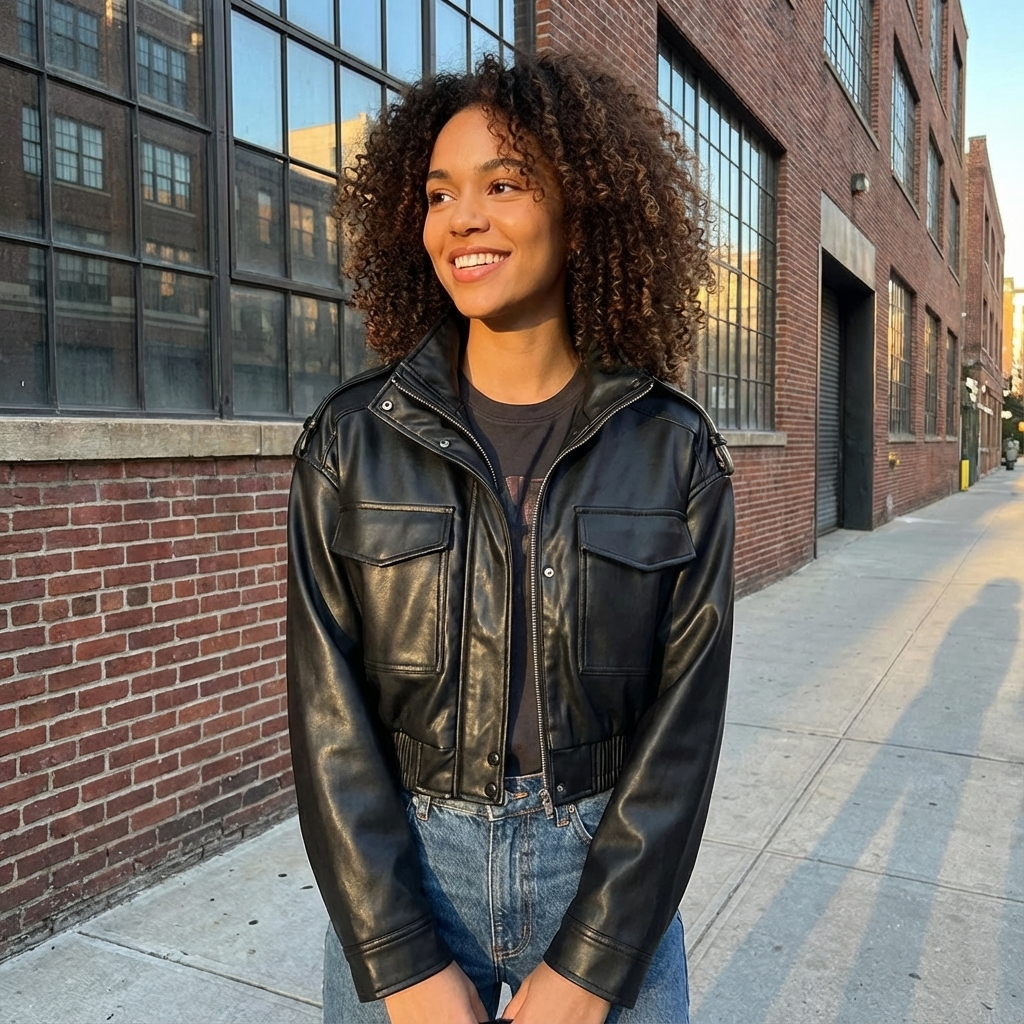 Heath Amara Women’s Faux Leather Jacket | Stand Collar, Utility Pockets