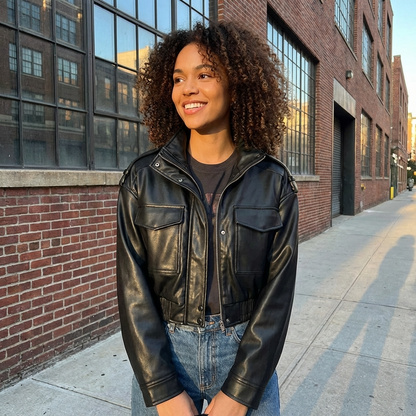 Heath Amara Women’s Faux Leather Jacket | Stand Collar, Utility Pockets