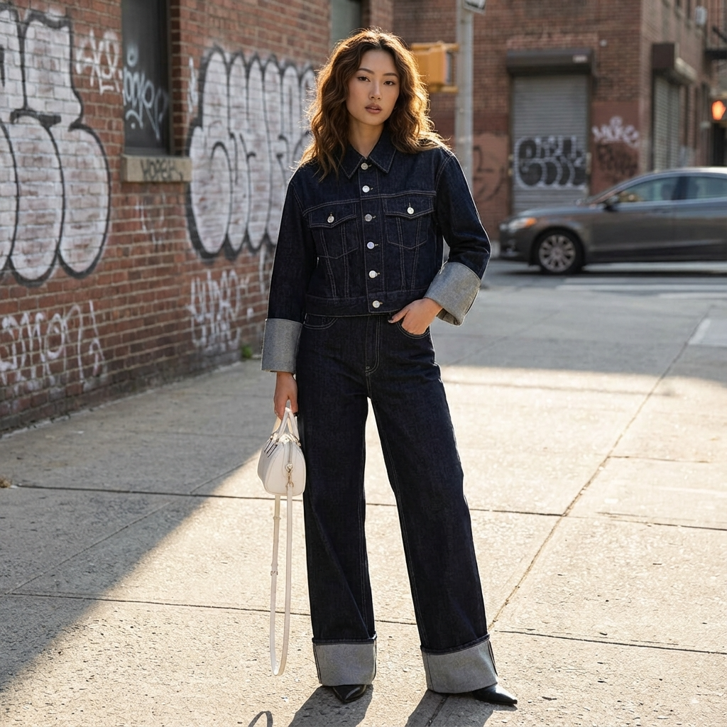 Conjunto de denim para mujer Clara | Chaqueta corta, Jeans de pierna ancha