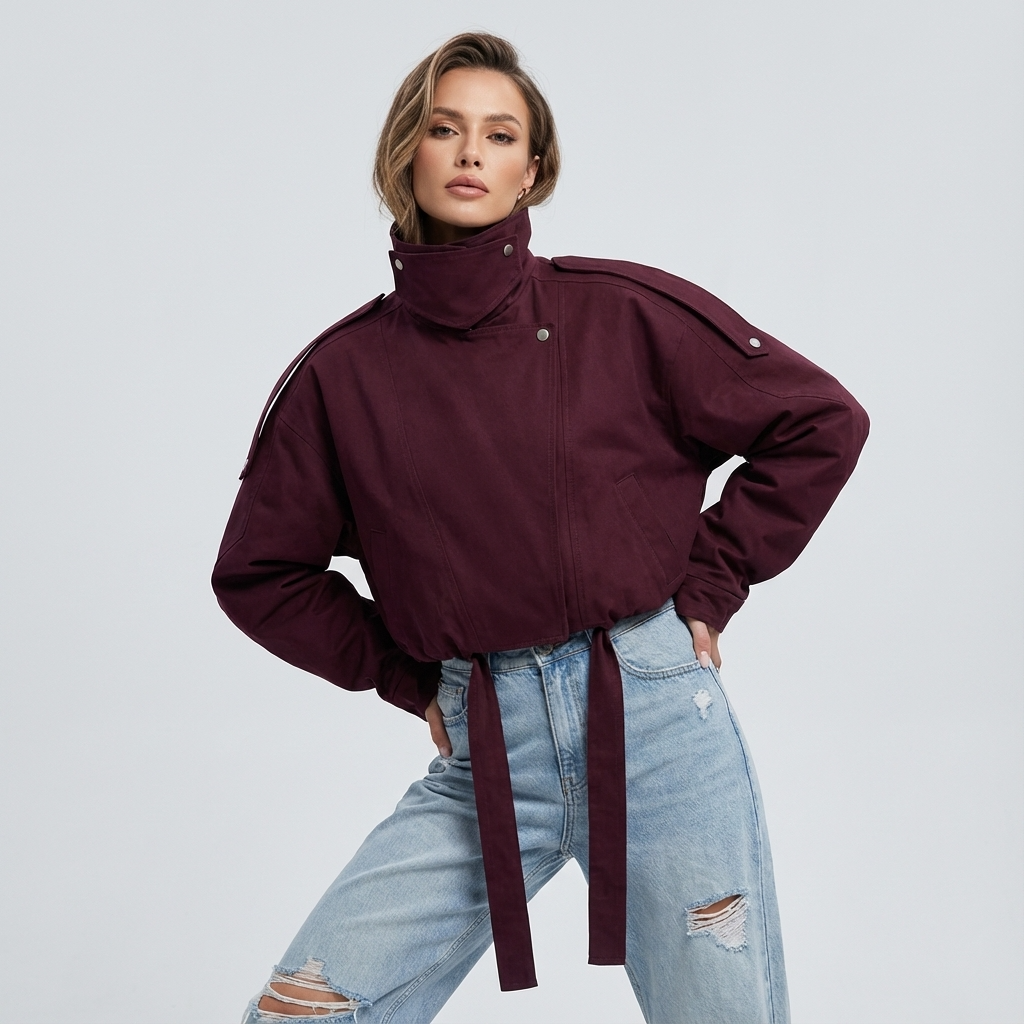 Quarry Mireya Women’s Bomber Jacket | Stand Collar, Tie Waist